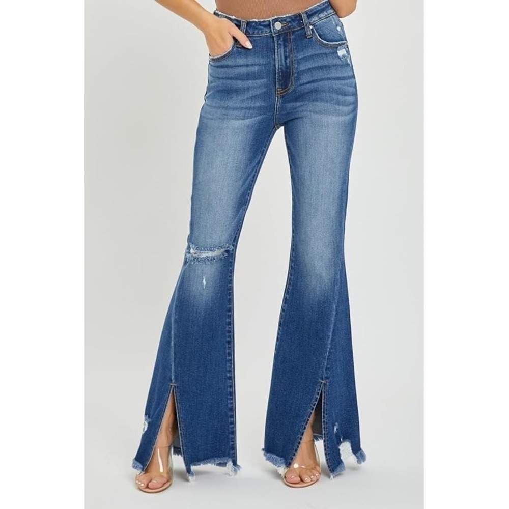 RISEN Jeans Size 13/31 Flare High Rise Front Slit Frayed Hem Distressed
